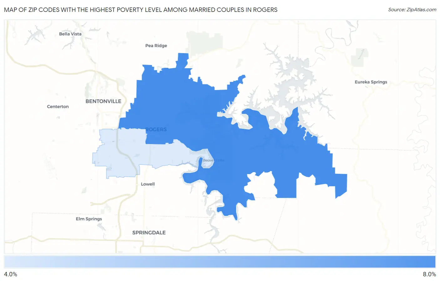 Zip Codes with the Highest Poverty Level Among Married Couples in Rogers Map