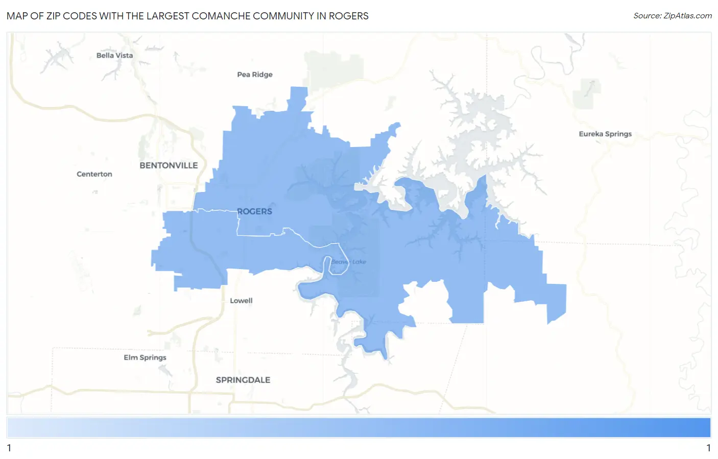 Zip Codes with the Largest Comanche Community in Rogers Map