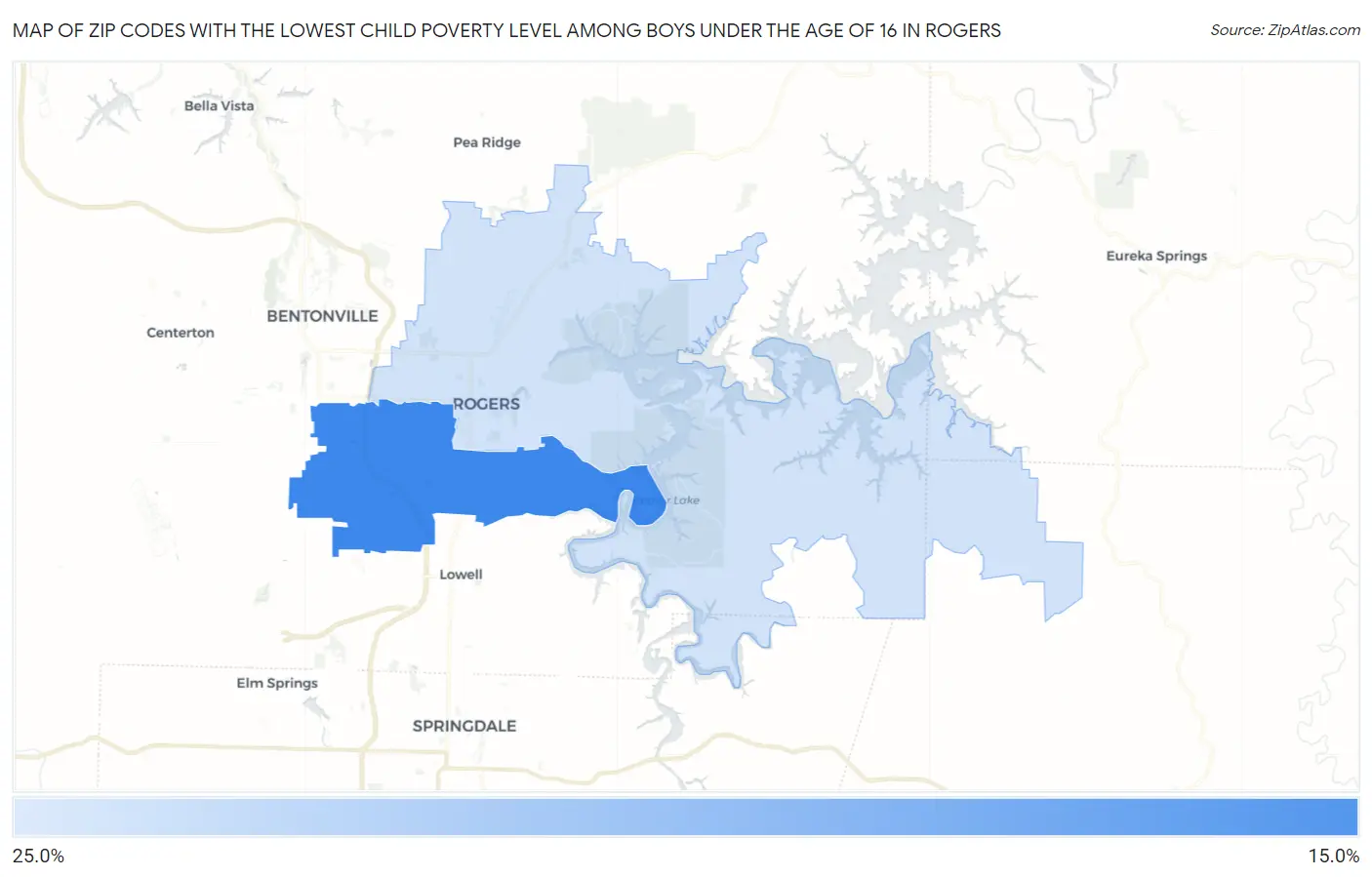 Zip Codes with the Lowest Child Poverty Level Among Boys Under the Age of 16 in Rogers Map