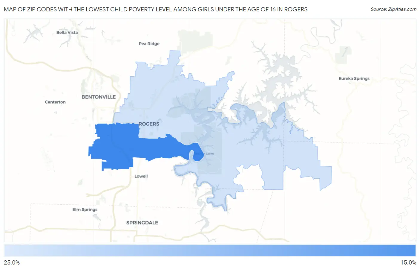 Zip Codes with the Lowest Child Poverty Level Among Girls Under the Age of 16 in Rogers Map