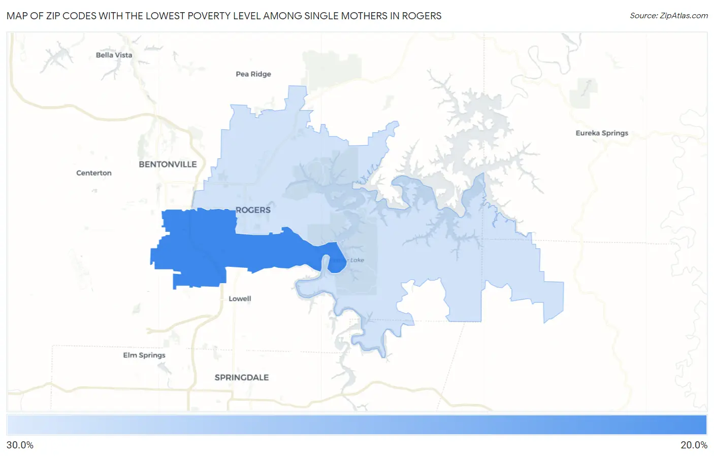 Zip Codes with the Lowest Poverty Level Among Single Mothers in Rogers Map