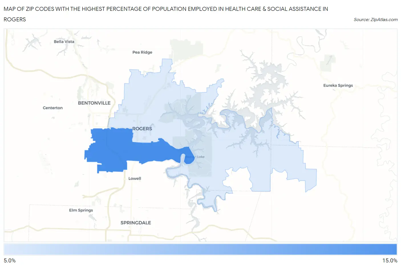 Zip Codes with the Highest Percentage of Population Employed in Health Care & Social Assistance in Rogers Map