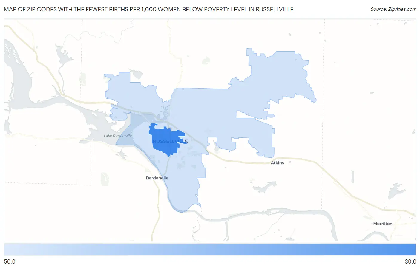 Zip Codes with the Fewest Births per 1,000 Women Below Poverty Level in Russellville Map