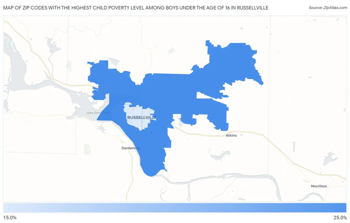 Zip Codes with the Highest Child Poverty Level Among Boys Under the Age of 16 in Russellville Map