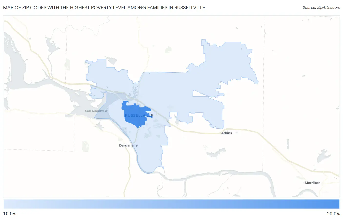 Zip Codes with the Highest Poverty Level Among Families in Russellville Map