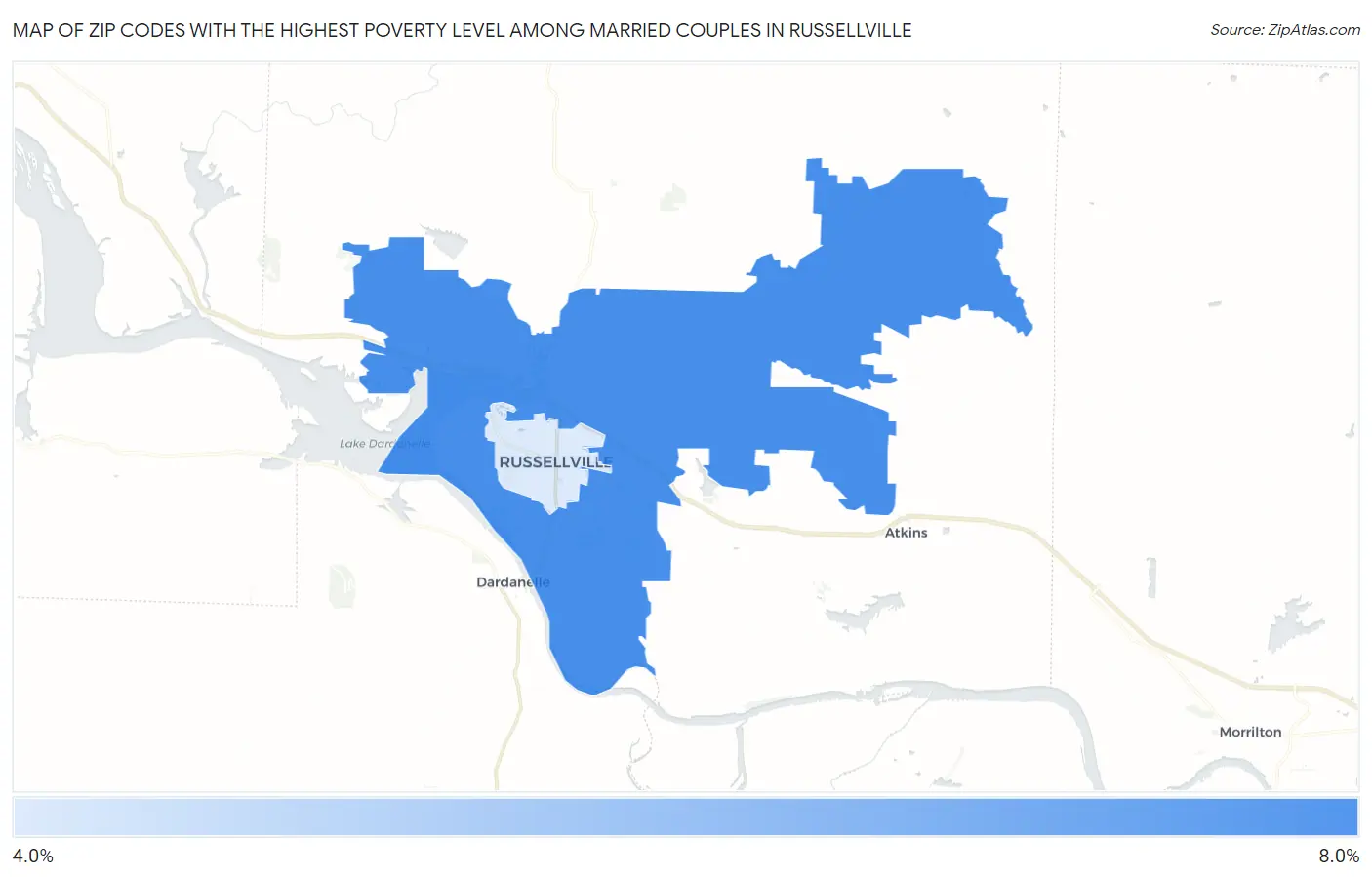 Zip Codes with the Highest Poverty Level Among Married Couples in Russellville Map