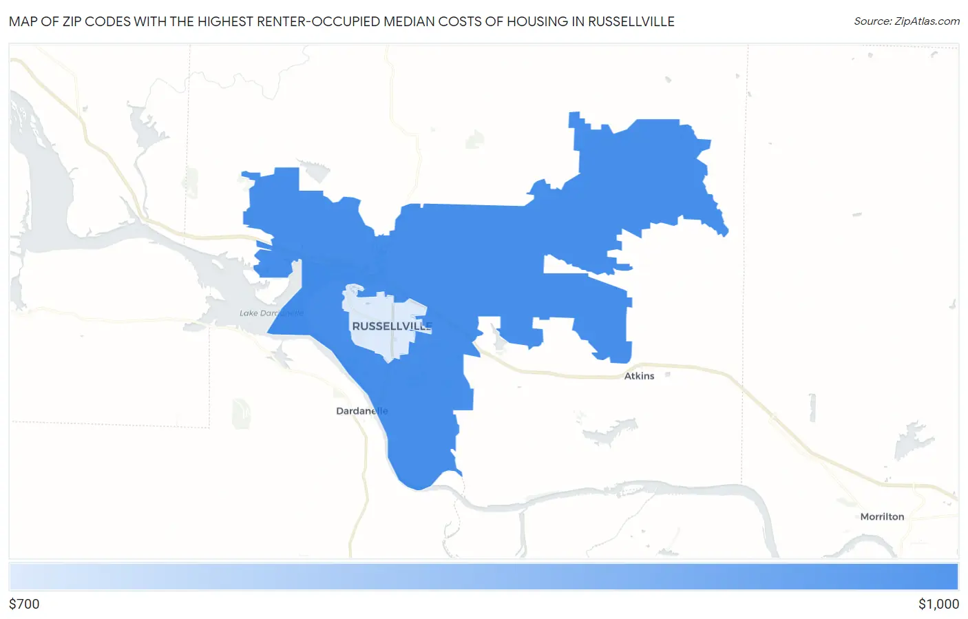 Zip Codes with the Highest Renter-Occupied Median Costs of Housing in Russellville Map