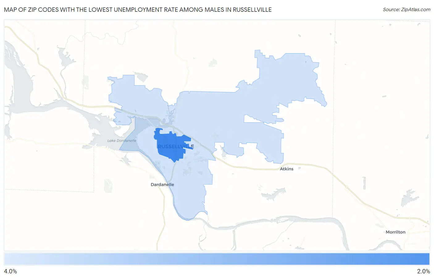 Zip Codes with the Lowest Unemployment Rate Among Males in Russellville Map