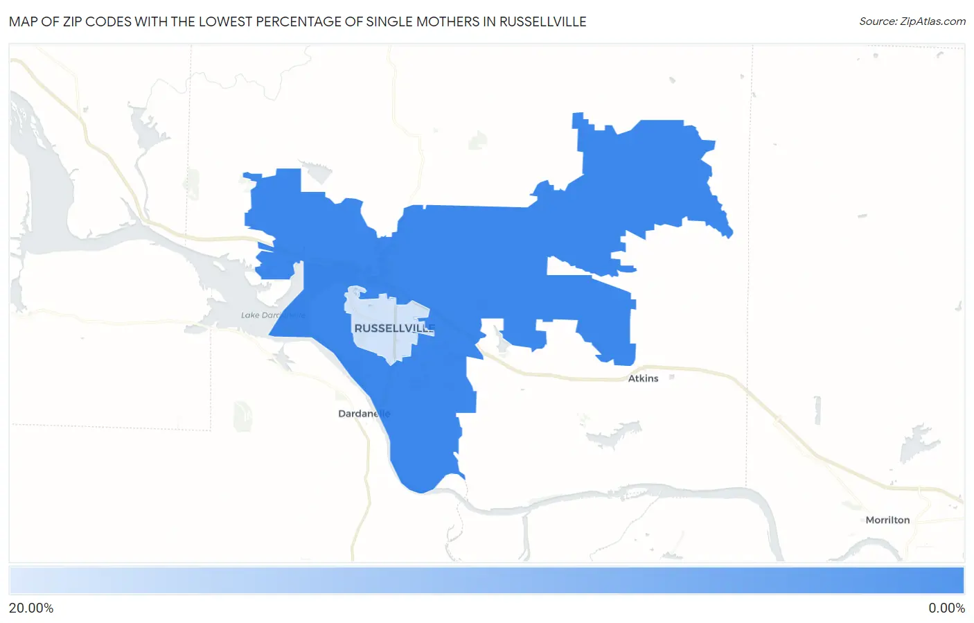 Zip Codes with the Lowest Percentage of Single Mothers in Russellville Map