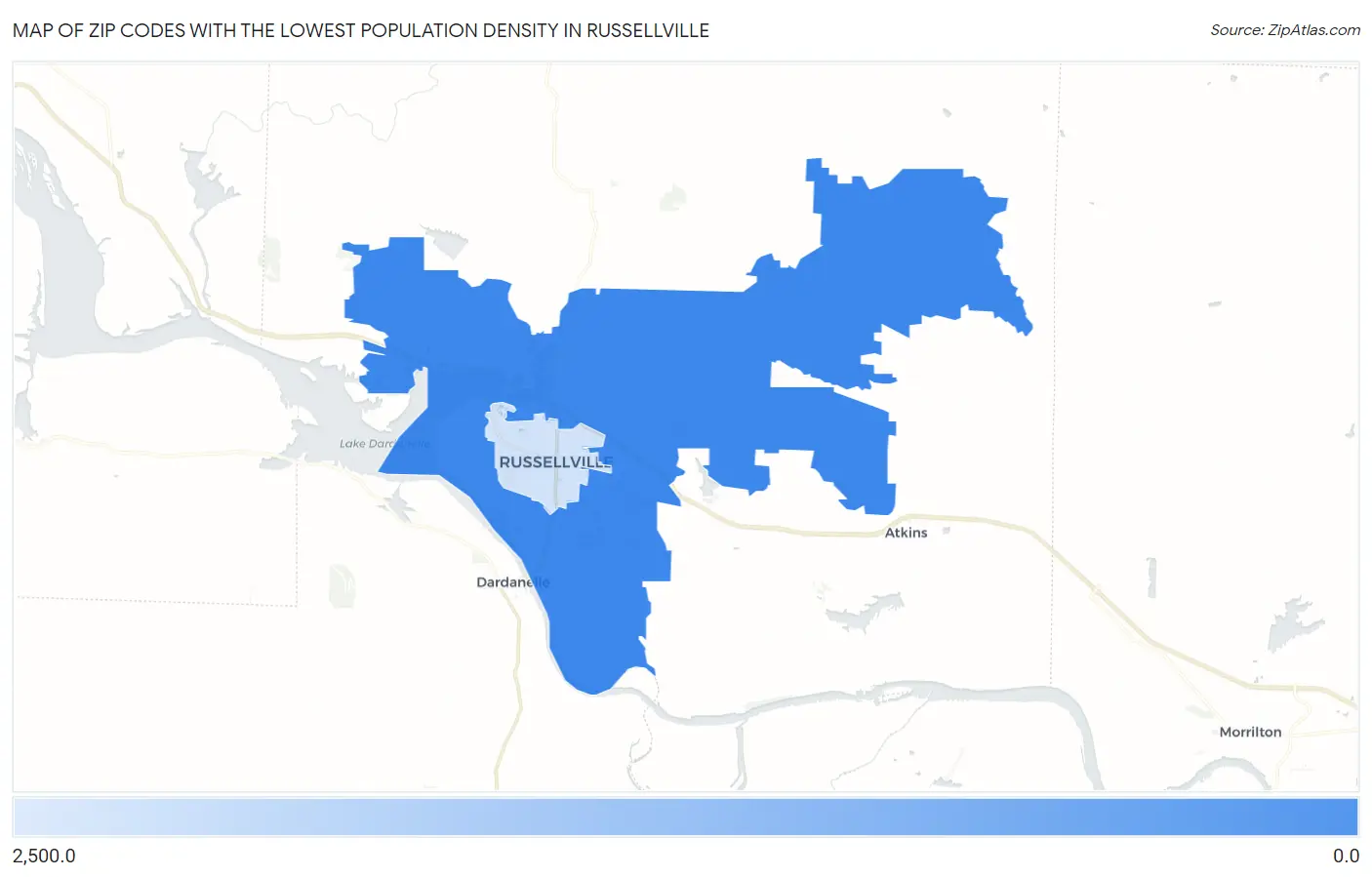 Zip Codes with the Lowest Population Density in Russellville Map