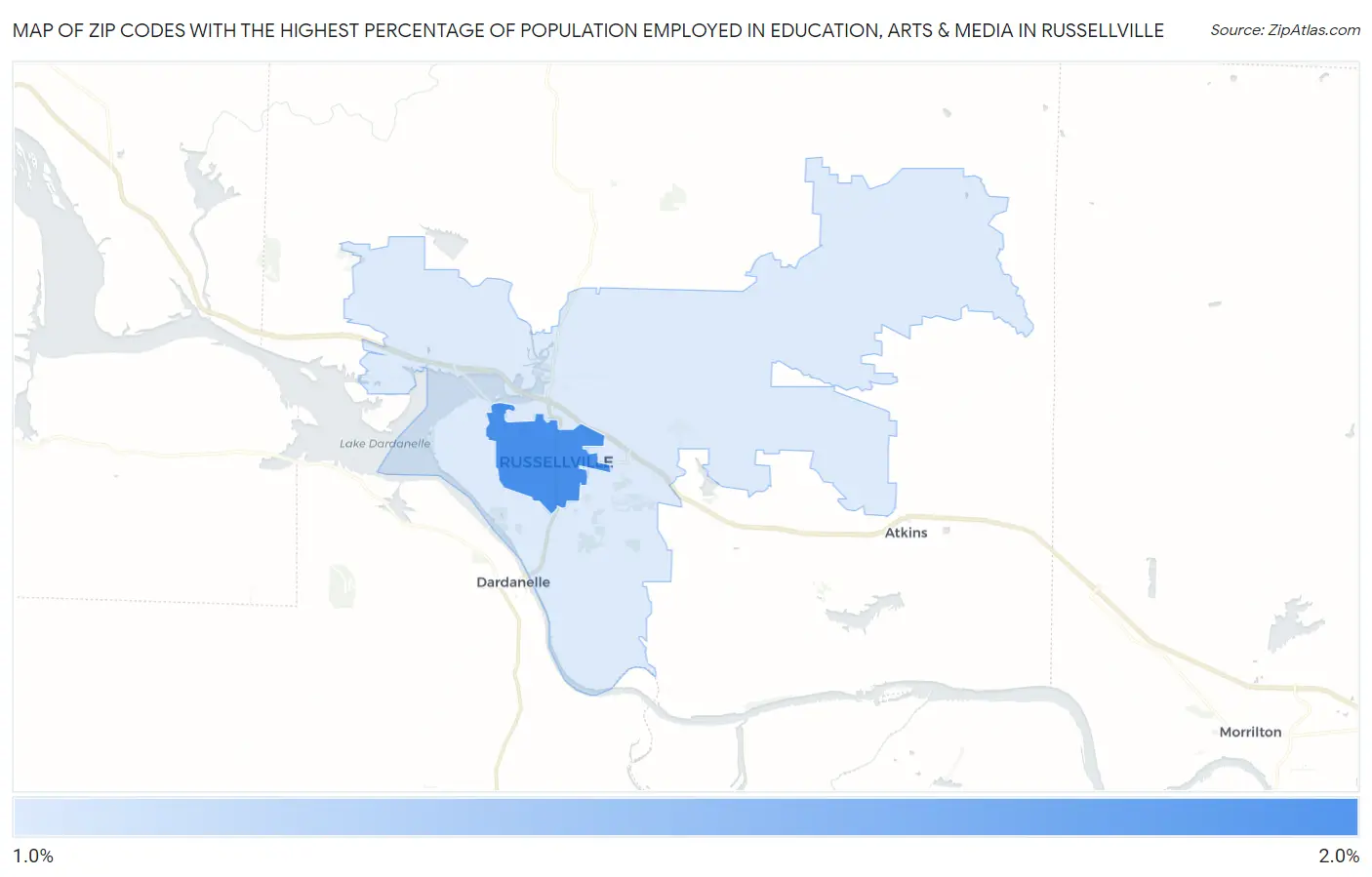 Zip Codes with the Highest Percentage of Population Employed in Education, Arts & Media in Russellville Map