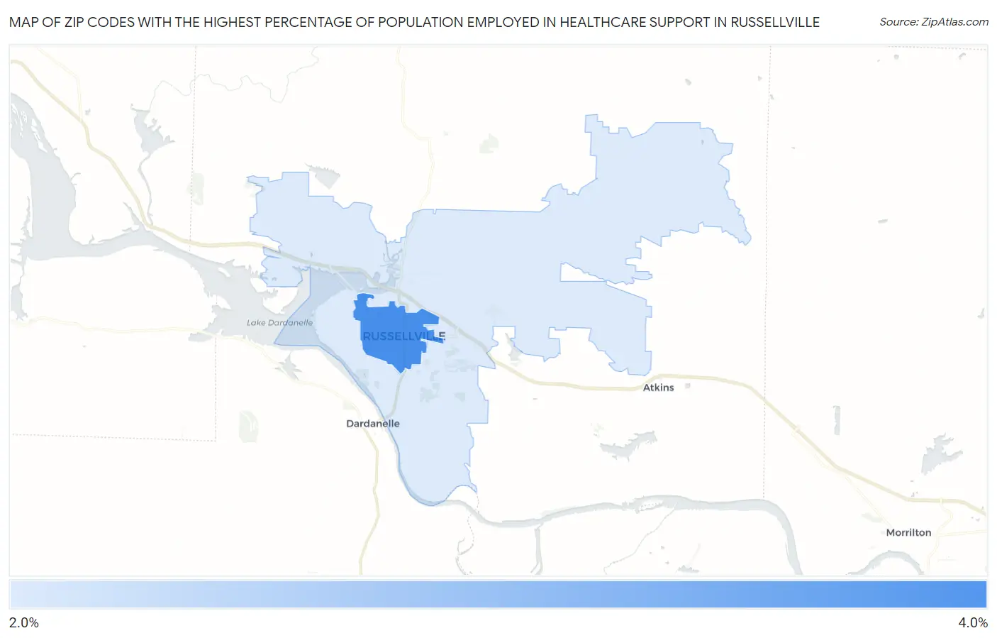 Zip Codes with the Highest Percentage of Population Employed in Healthcare Support in Russellville Map