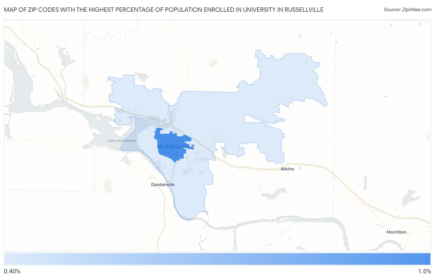 Zip Codes with the Highest Percentage of Population Enrolled in University in Russellville Map