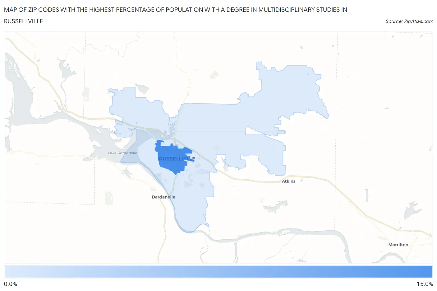 Zip Codes with the Highest Percentage of Population with a Degree in Multidisciplinary Studies in Russellville Map