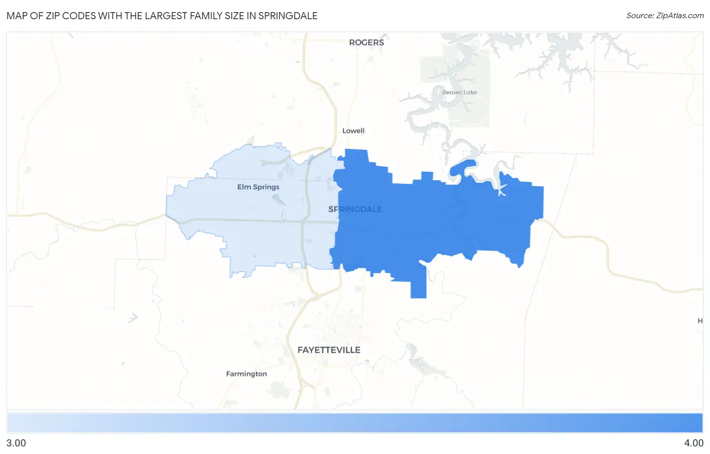 Zip Codes with the Largest Family Size in Springdale Map