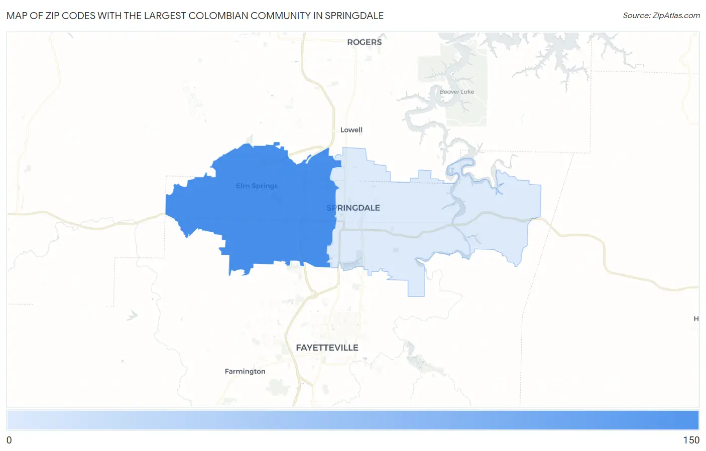 Zip Codes with the Largest Colombian Community in Springdale Map