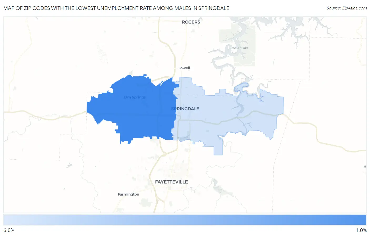 Zip Codes with the Lowest Unemployment Rate Among Males in Springdale Map