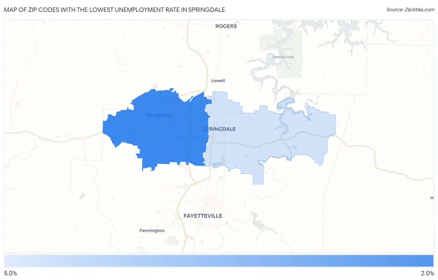 Zip Codes with the Lowest Unemployment Rate in Springdale Map