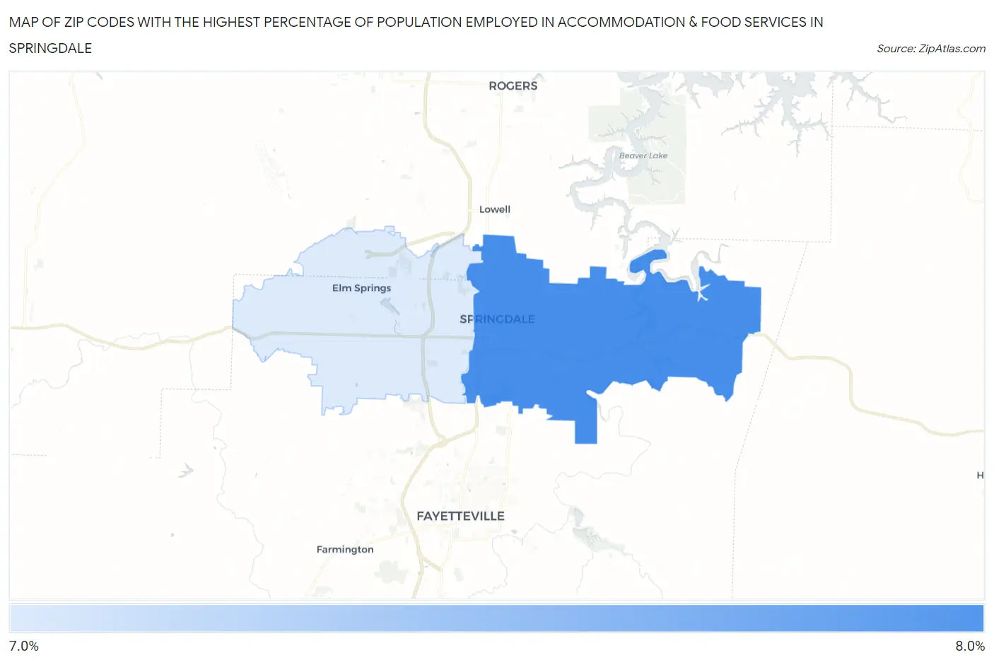 Zip Codes with the Highest Percentage of Population Employed in Accommodation & Food Services in Springdale Map