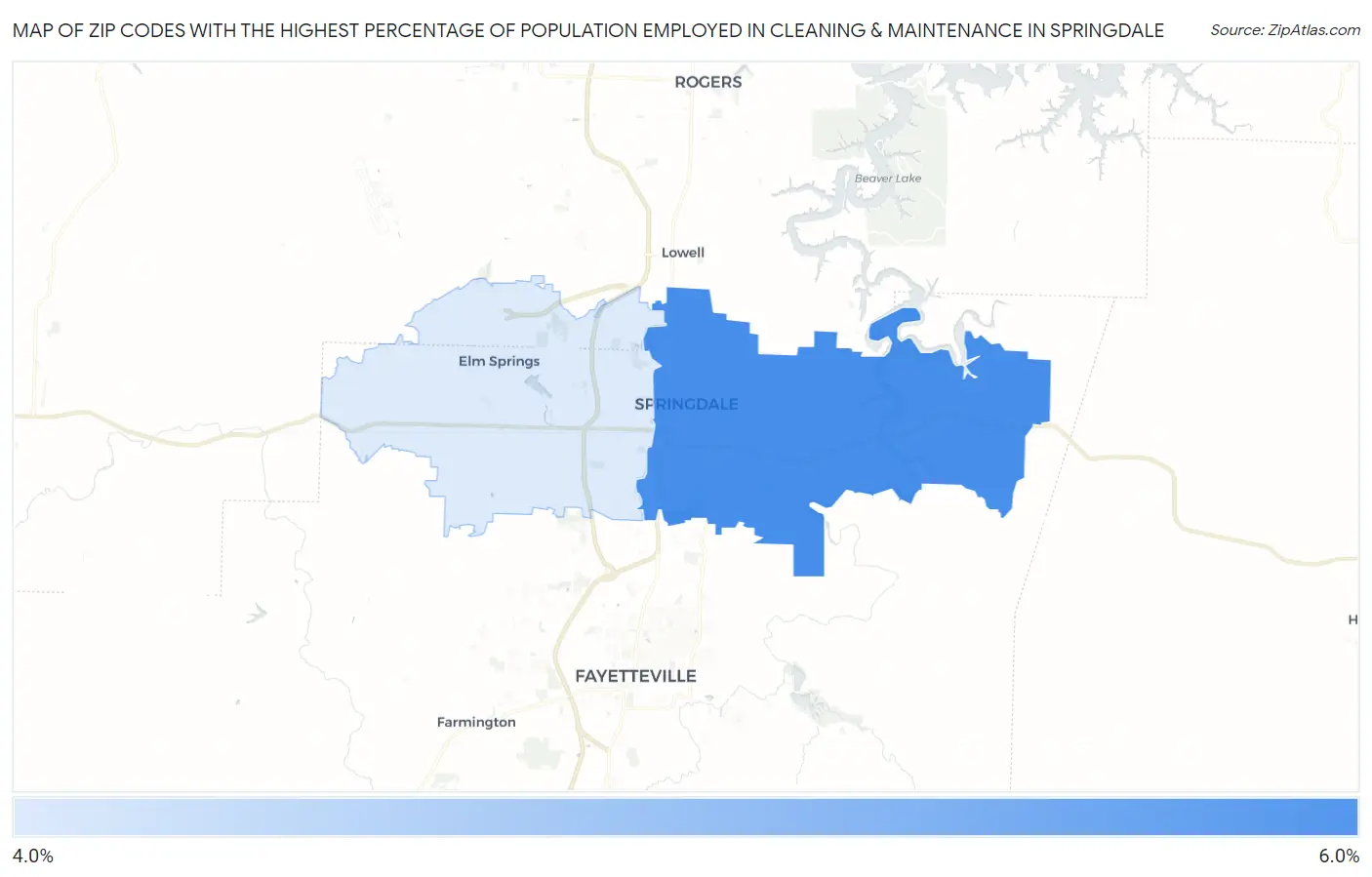 Zip Codes with the Highest Percentage of Population Employed in Cleaning & Maintenance in Springdale Map