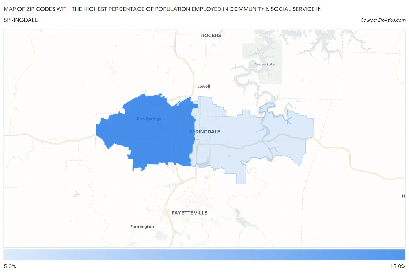 Zip Codes with the Highest Percentage of Population Employed in Community & Social Service  in Springdale Map