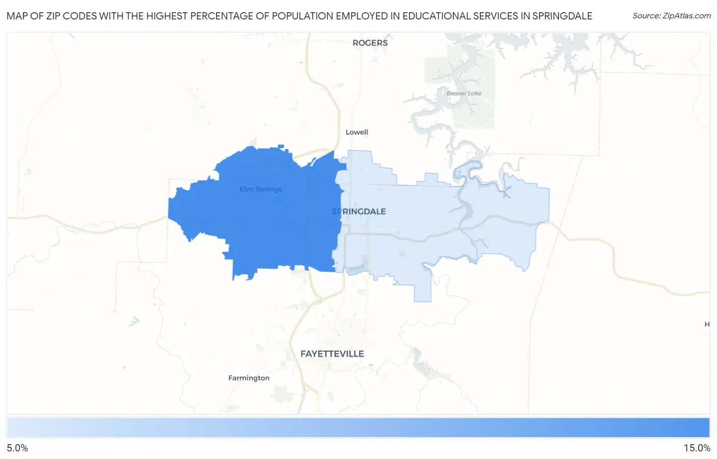 Zip Codes with the Highest Percentage of Population Employed in Educational Services in Springdale Map