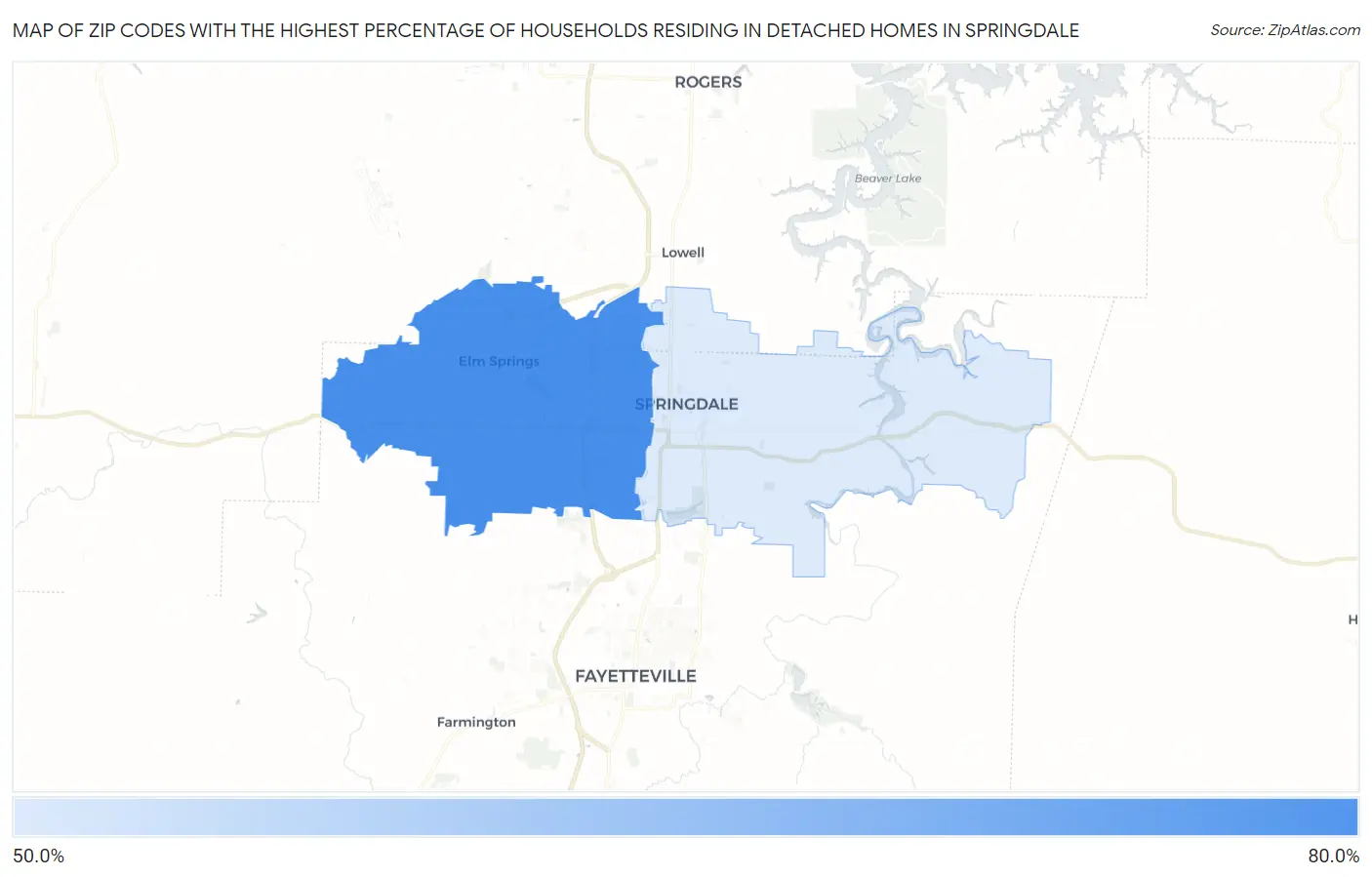 Zip Codes with the Highest Percentage of Households Residing in Detached Homes in Springdale Map