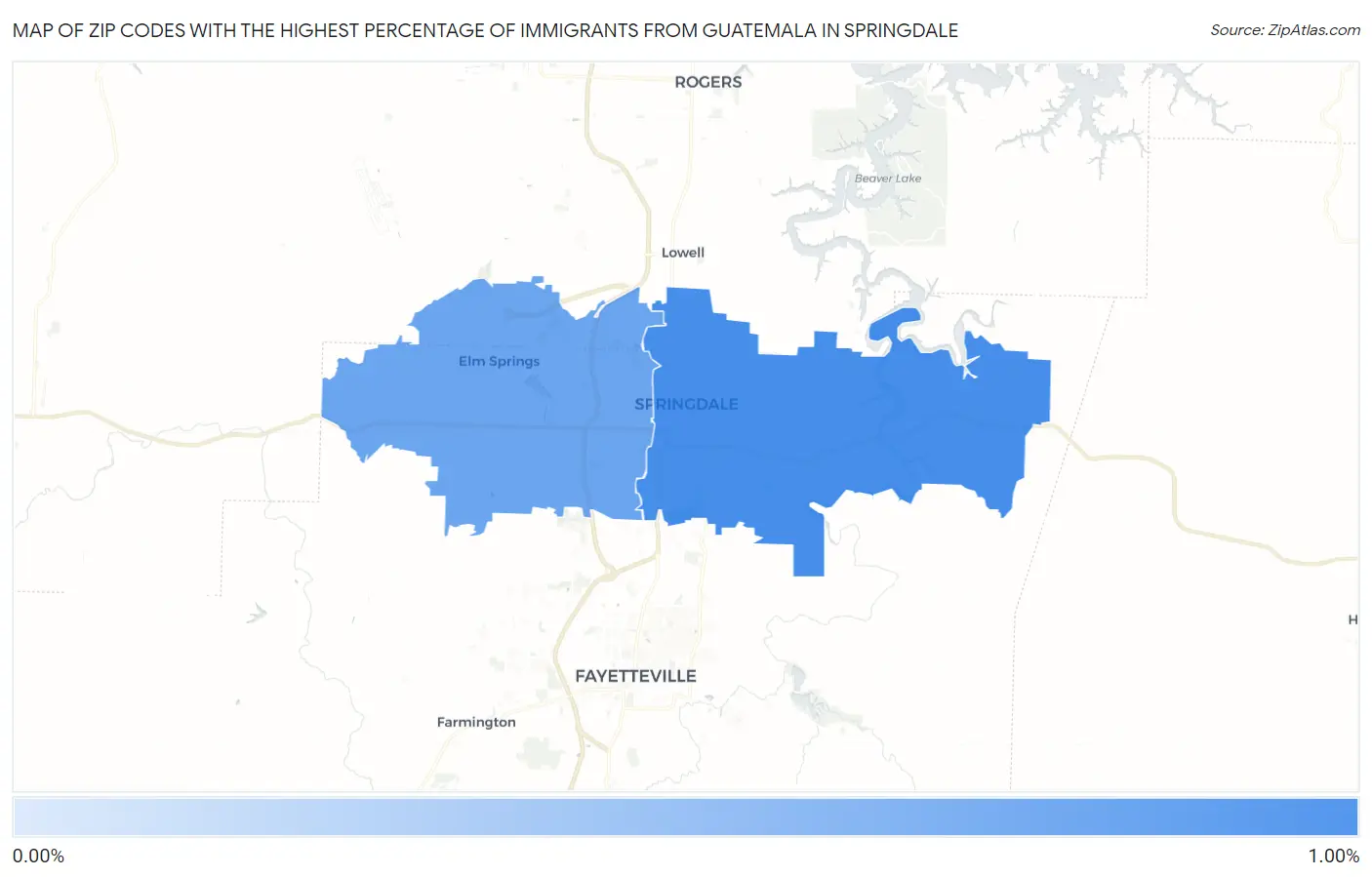 Zip Codes with the Highest Percentage of Immigrants from Guatemala in Springdale Map