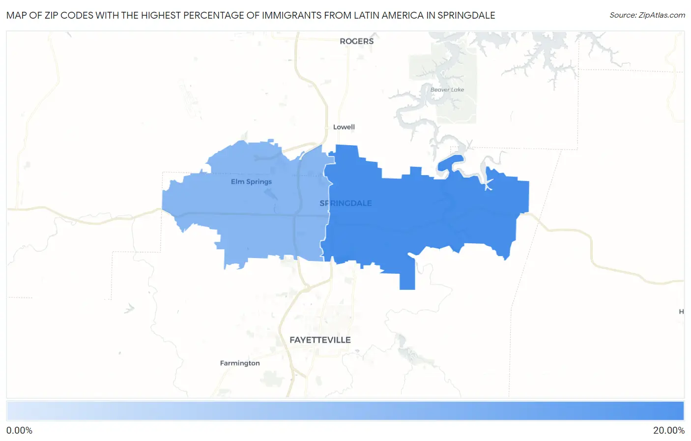 Zip Codes with the Highest Percentage of Immigrants from Latin America in Springdale Map