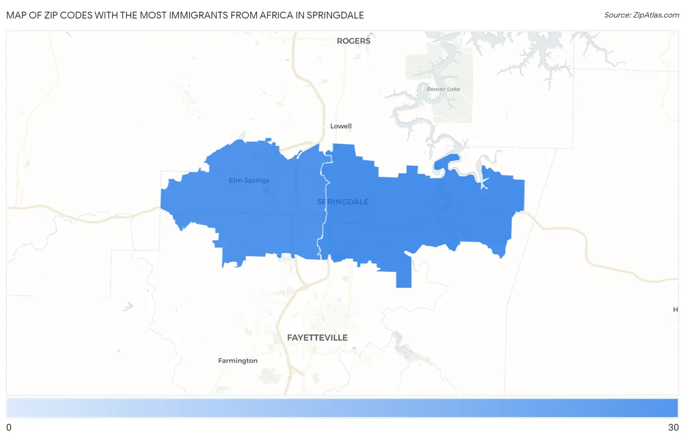 Zip Codes with the Most Immigrants from Africa in Springdale Map