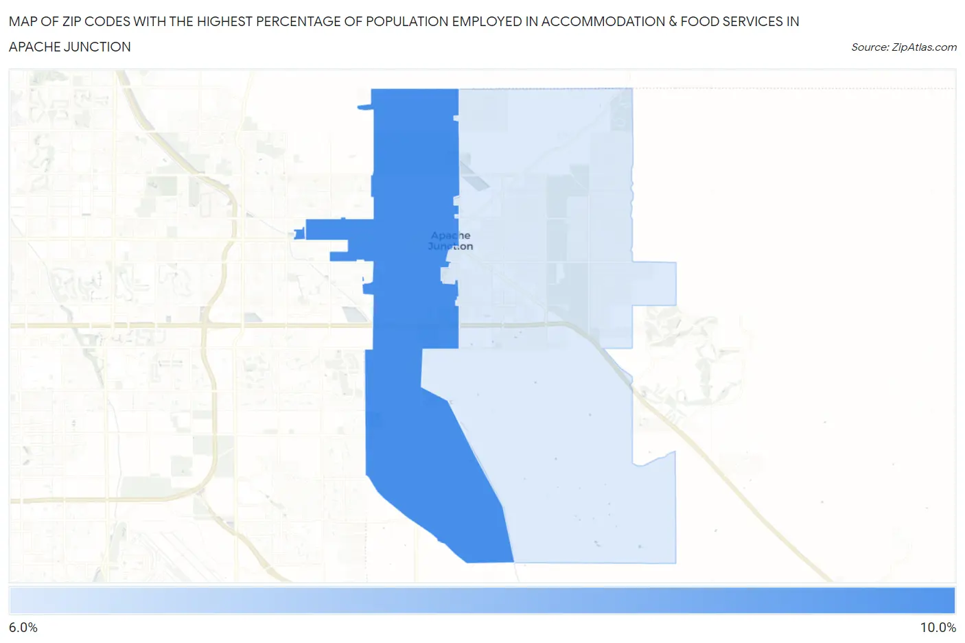 Zip Codes with the Highest Percentage of Population Employed in Accommodation & Food Services in Apache Junction Map