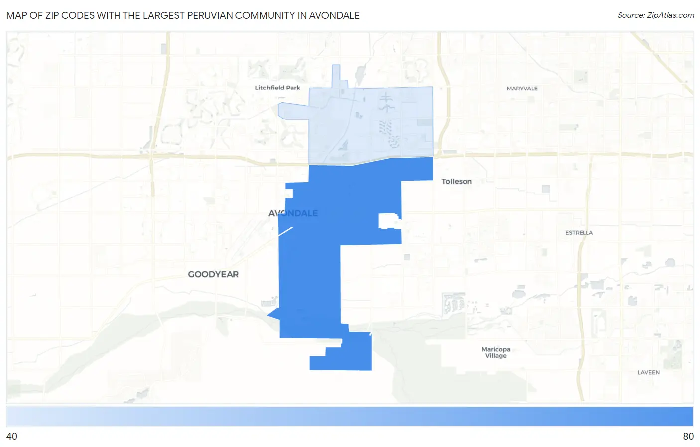 Zip Codes with the Largest Peruvian Community in Avondale Map