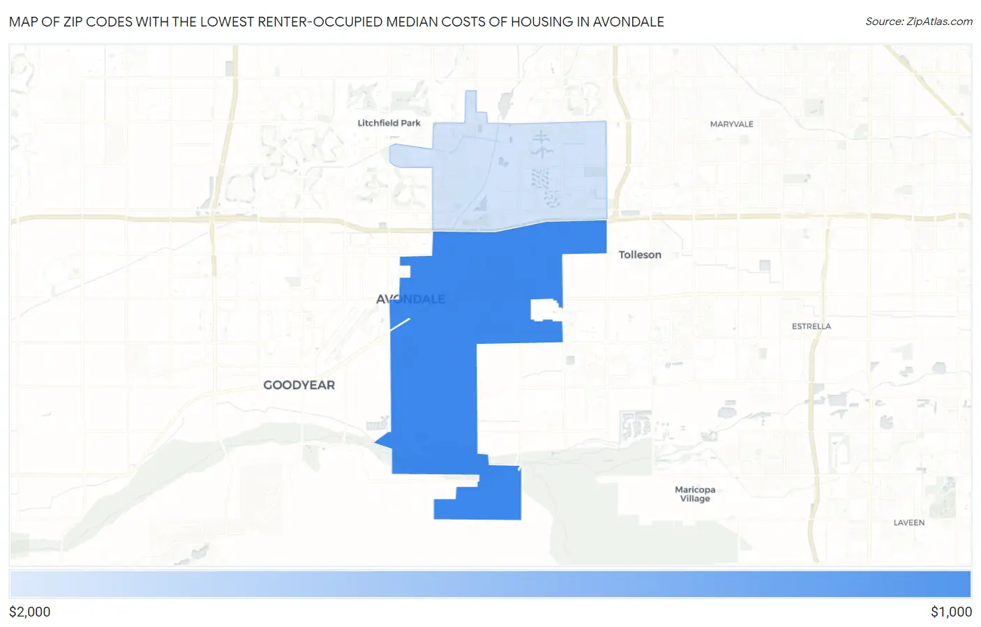Zip Codes with the Lowest Renter-Occupied Median Costs of Housing in Avondale Map