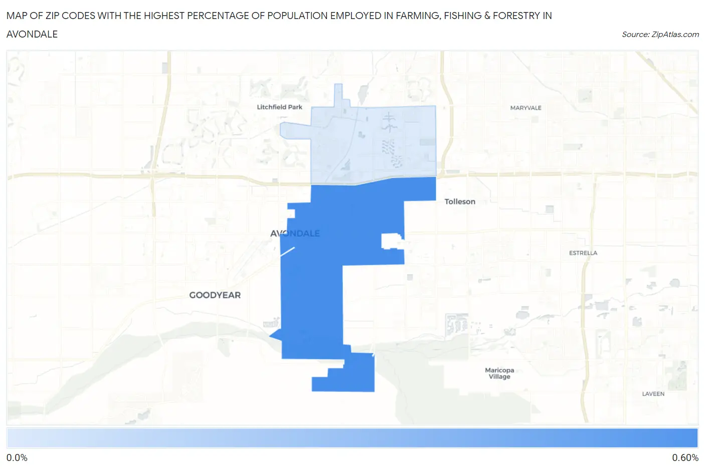 Zip Codes with the Highest Percentage of Population Employed in Farming, Fishing & Forestry in Avondale Map