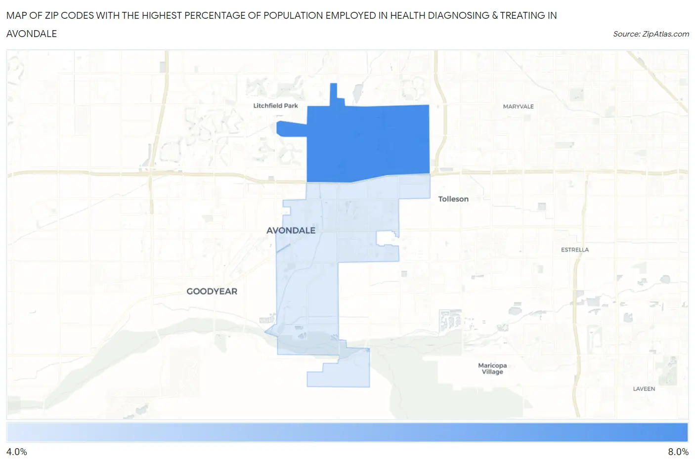 Zip Codes with the Highest Percentage of Population Employed in Health Diagnosing & Treating in Avondale Map