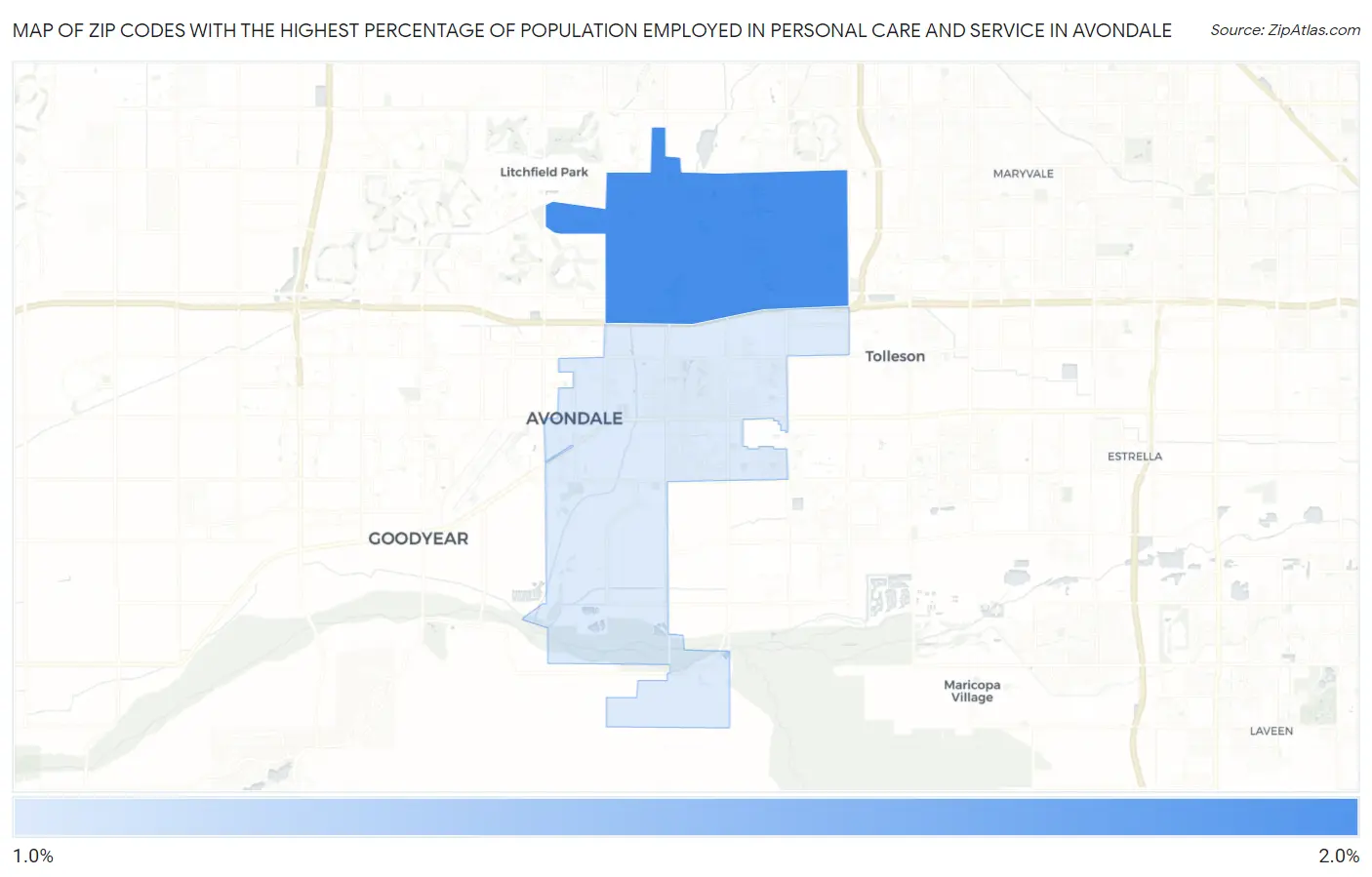 Zip Codes with the Highest Percentage of Population Employed in Personal Care and Service in Avondale Map