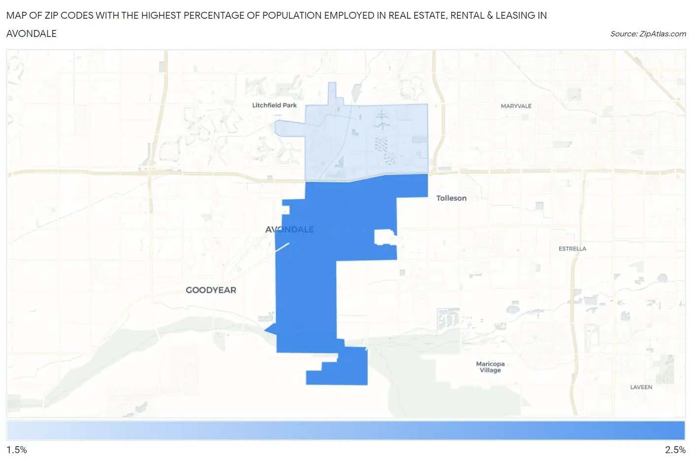 Zip Codes with the Highest Percentage of Population Employed in Real Estate, Rental & Leasing in Avondale Map