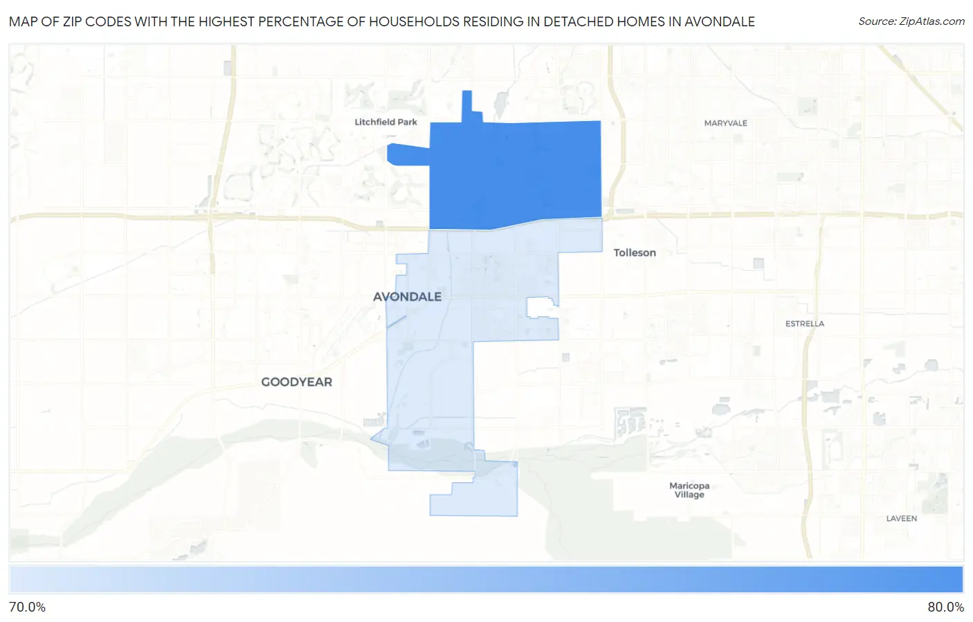 Zip Codes with the Highest Percentage of Households Residing in Detached Homes in Avondale Map