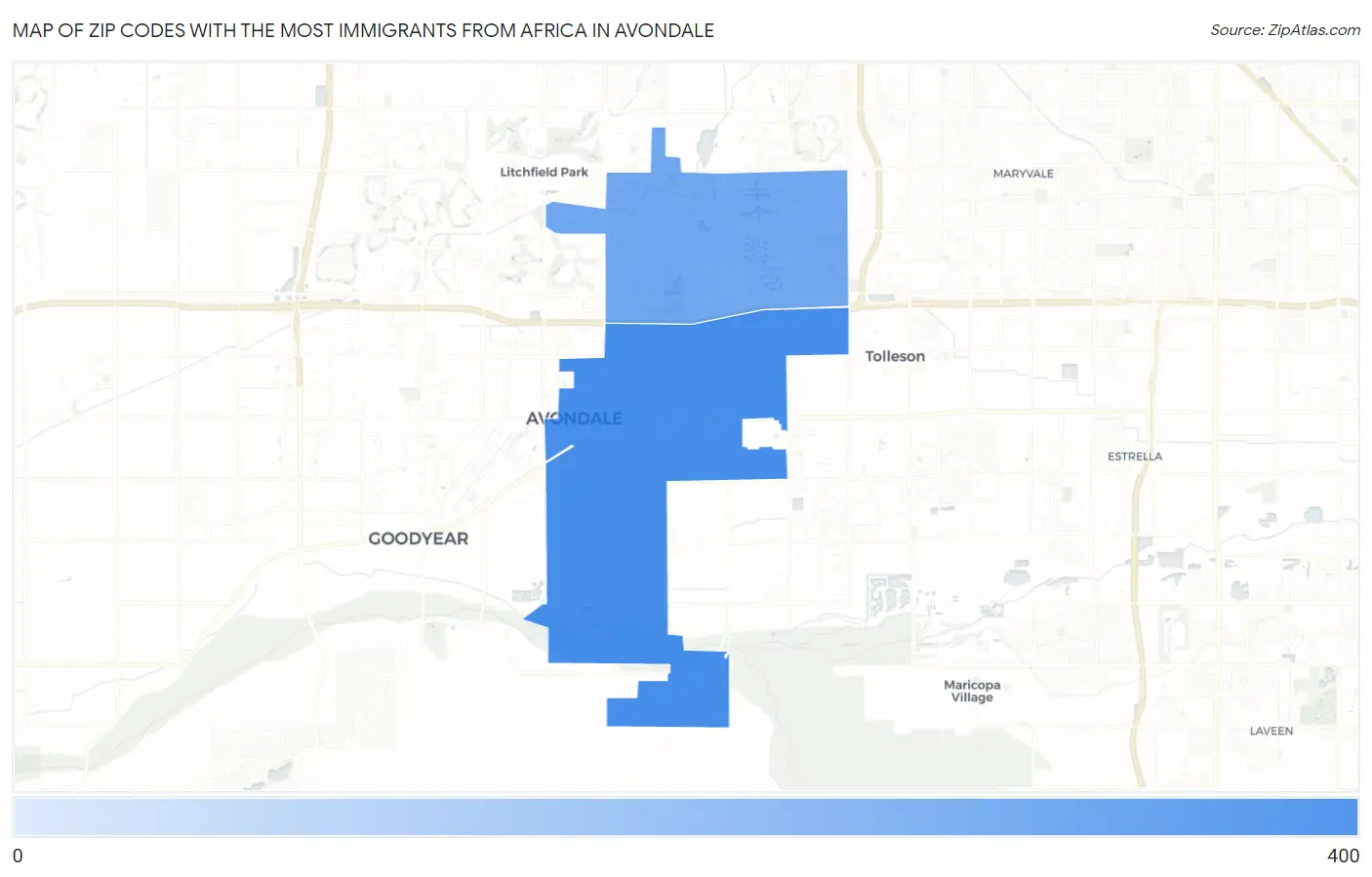 Zip Codes with the Most Immigrants from Africa in Avondale Map
