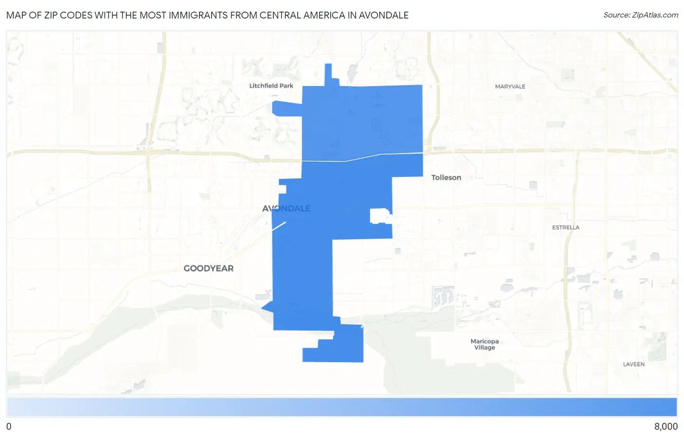 Zip Codes with the Most Immigrants from Central America in Avondale Map
