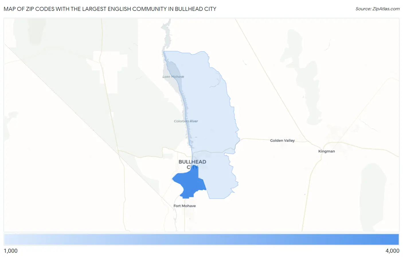 Zip Codes with the Largest English Community in Bullhead City Map