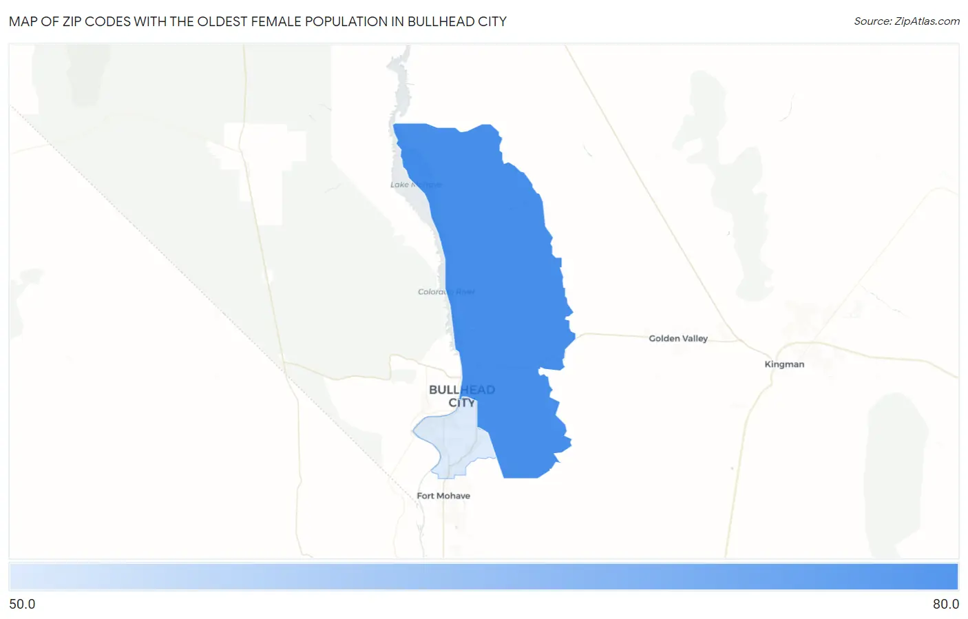 Zip Codes with the Oldest Female Population in Bullhead City Map