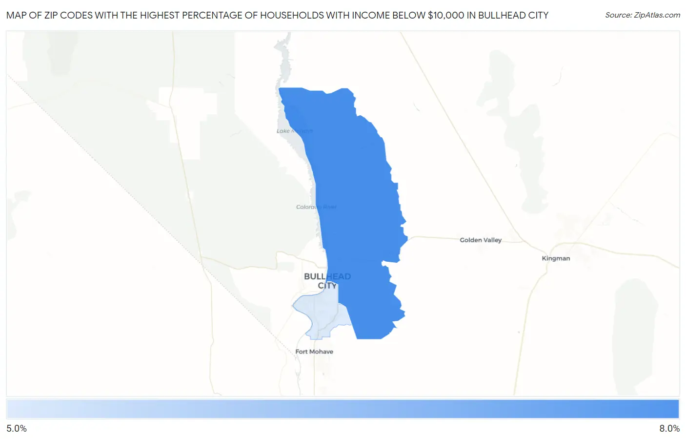 Zip Codes with the Highest Percentage of Households with Income Below $10,000 in Bullhead City Map