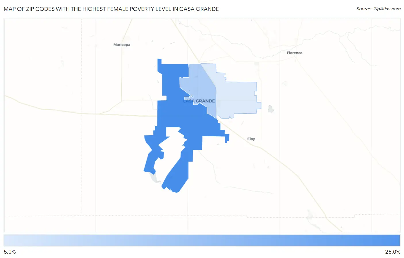 Zip Codes with the Highest Female Poverty Level in Casa Grande Map