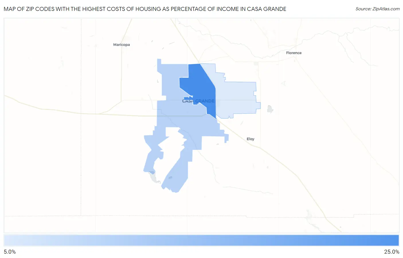 Zip Codes with the Highest Costs of Housing as Percentage of Income in Casa Grande Map