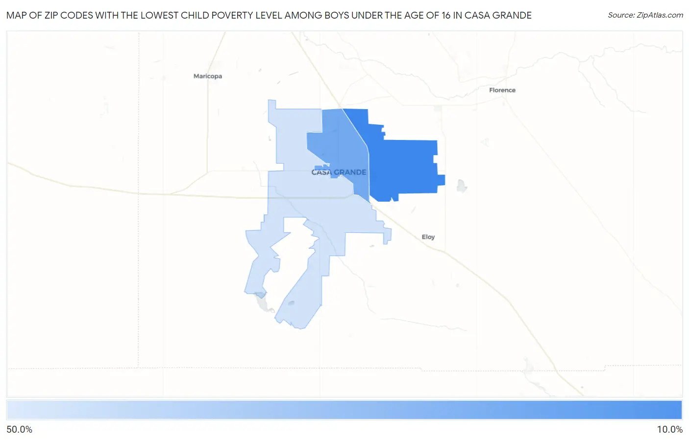 Zip Codes with the Lowest Child Poverty Level Among Boys Under the Age of 16 in Casa Grande Map