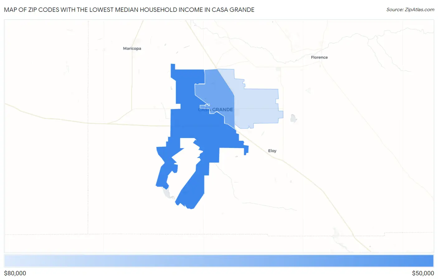 Zip Codes with the Lowest Median Household Income in Casa Grande Map