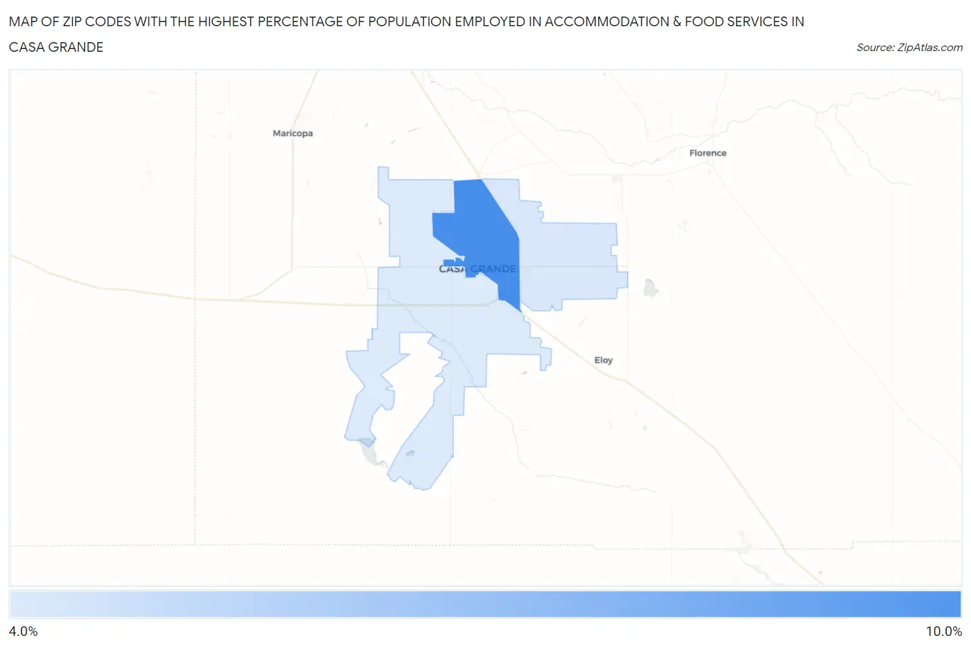Zip Codes with the Highest Percentage of Population Employed in Accommodation & Food Services in Casa Grande Map