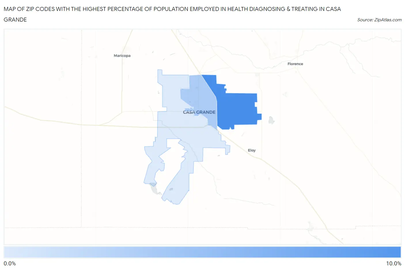 Zip Codes with the Highest Percentage of Population Employed in Health Diagnosing & Treating in Casa Grande Map