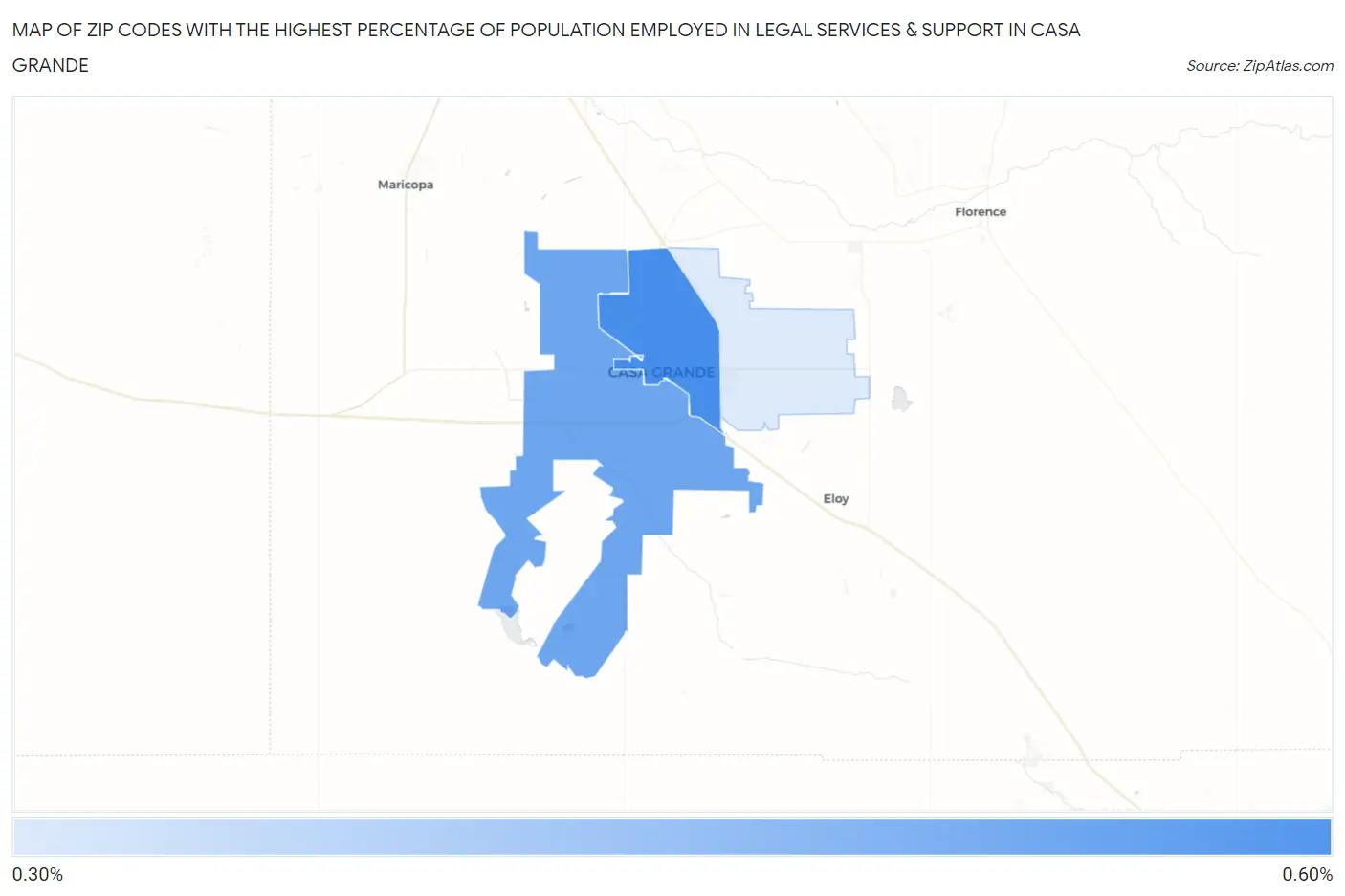 Zip Codes with the Highest Percentage of Population Employed in Legal Services & Support in Casa Grande Map